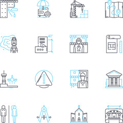 Architecture linear icons set. Design, Structure, Construction, Modernism, Esthetics, Materials, Engineering line vector and concept signs. Form,Space,Sustainability outline illustrations