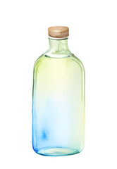Empty blue glass transparent bottle with brown cork , watercolor vector illustration