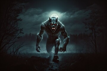 scary werewolf prowling in the dark, with moonlight shining down on its fur, created with generative ai - obrazy, fototapety, plakaty