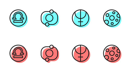 Set line Neptune planet, Libra zodiac, Solar system and Full moon icon. Vector