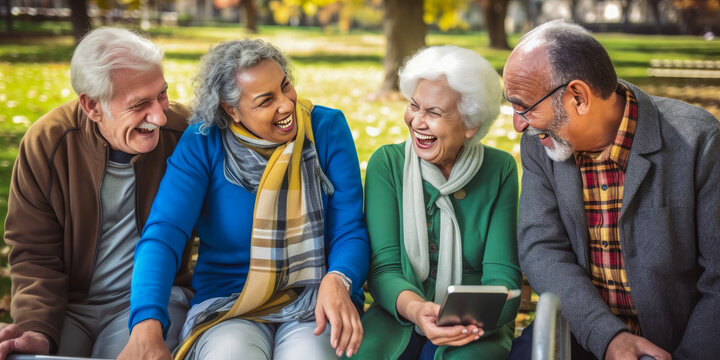 Four active seniors enjoying a day in the park - Generative AI
