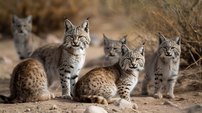 A group of bobcat at the desert, national geographic, Created using generative AI.