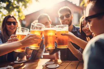 The clinking of beer glasses fills the air as friends raise their drinks in celebration of good company, good beer, and good vibes ai generated illustration