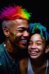 Obraz premium Colorful Joy: A Vibrant Collection of People Celebrating Life in Rainbow Hues, Enhanced by Generative AI Art, Including Children and Pets, Generative AI, Generativ, KI