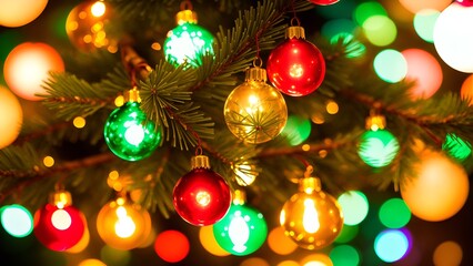 Fototapeta na wymiar Closeup of a Christmas tree branch with colorful lights
