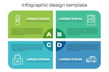 Set line First aid kit, Bottle of water, Car and Photo frame. Business infographic template. Vector