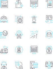 Merchandise market linear icons set. Kiosks, Souvenirs, Gifts, Vendors, Booths, Crafts, Memorabilia line vector and concept signs. Merchants,Artifacts,Trinkets outline illustrations