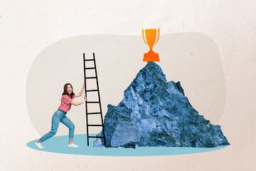 Magazine banner collage of inspired woman dream achieve golden cup job promotion plan climb ladder business target determination concept