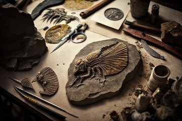 intricate and delicate fossils being excavated for study, created with generative ai