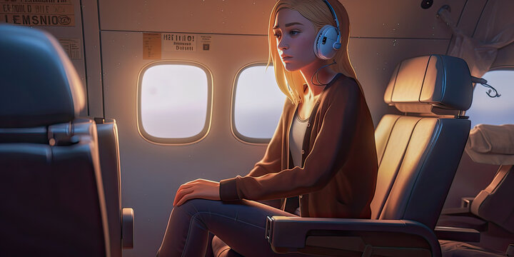 A woman with headset relaxing at sunet on the airplane flight, sunlight coming from the window - Generative AI