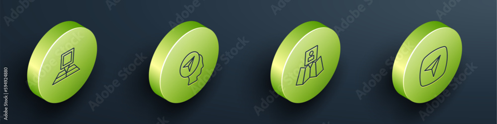 Poster set isometric line folded map with location marker, map human, and city navigation icon. vector