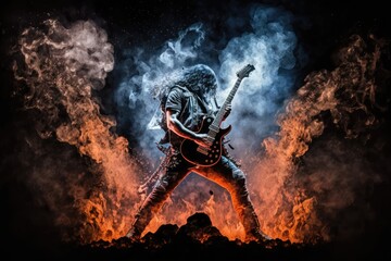 heavy metal guitarist, playing epic solo on stage, surrounded by smoke and flames, created with generative ai - obrazy, fototapety, plakaty