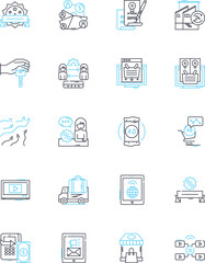 Economy publicity linear icons set. Recession, Inflation, Stockmarket, Exchange, Fiscal, Deflation, Tariff line vector and concept signs. Trade,GDP,Budget outline illustrations
