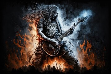 heavy metal guitarist, playing fast and furious solo, with smoke and flames in the background, created with generative ai
