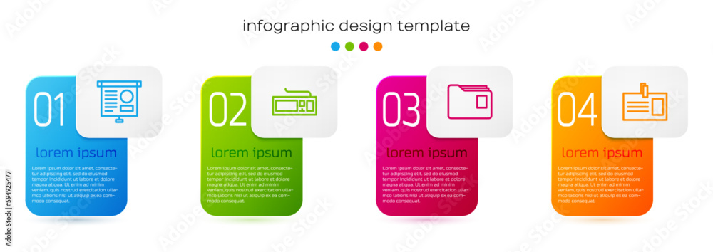 Poster set line chalkboard with diagram, keyboard, document folder and identification badge. business infog