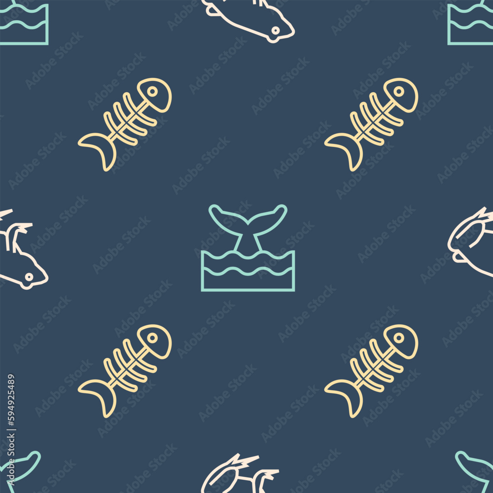 Poster set line frog, fish skeleton and whale tail in ocean wave on seamless pattern. vector