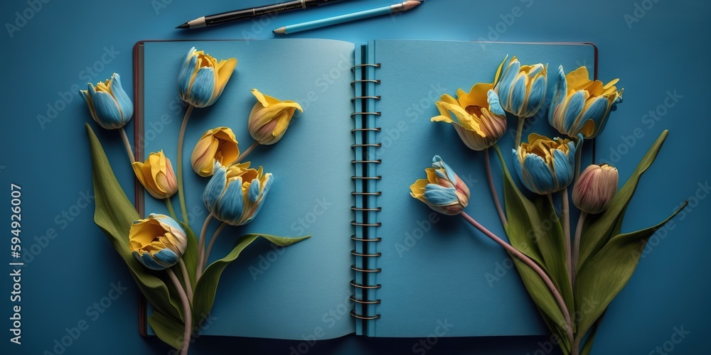 Poster tulips and a notepad on a blue backdrop. generative ai