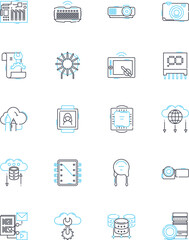 Video machines linear icons set. Screen, Display, Digital, Sound, Graphics, Interface, Multimedia line vector and concept signs. Gaming,Amusement,Entertainment outline illustrations