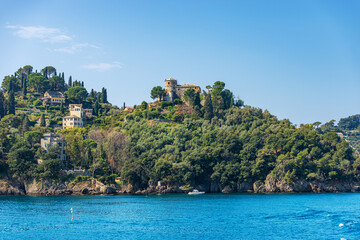Medieval castle Brown or of Saint George (San Giorgio) in the famous village of Portofino, Mediterranean sea (Ligurian sea), Genoa province (Genova), Liguria, Italy, Europe.