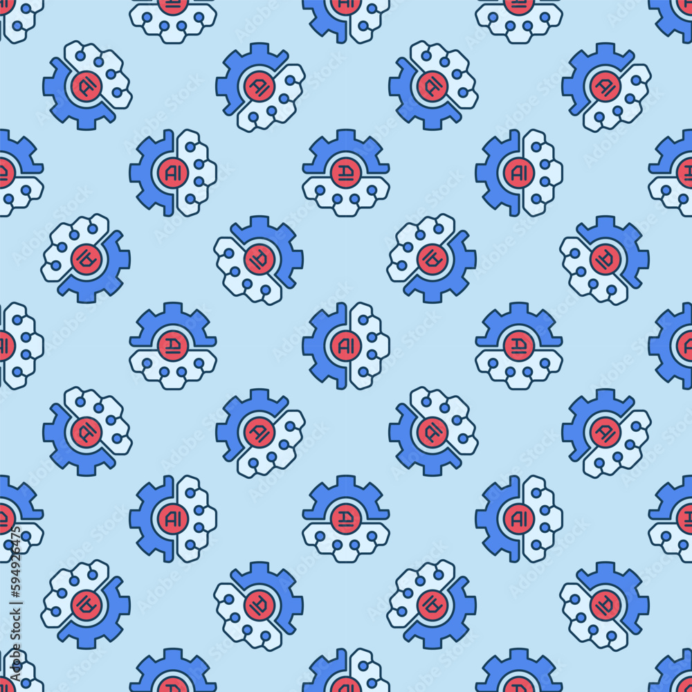 Poster ai brain with cog wheel vector artificial intelligence colored seamless pattern
