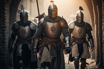 medieval warriors in armor going on way to fight walking knight, created with generative ai
