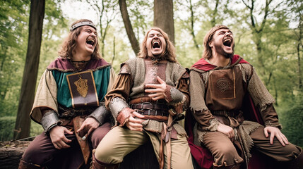 Group of Three Men Dressed in Renaissance Costumes Laughing Hardily, Medieval, Generative AI