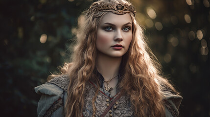 Beautiful Gorgeous Young Woman Warrior with Blonde Hair in Metal Armor Wearing Makeup and a Crown, Generative AI