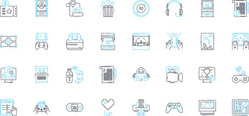 Web development agency linear icons set. Web design, Coding, Programming, HTML, CSS, JavaScript, React line vector and concept signs. Angular,WordPress,Drupal outline illustrations