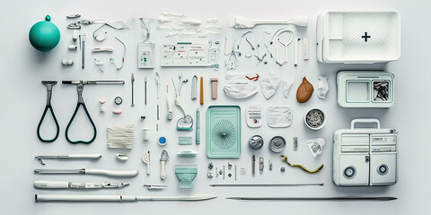 Overhead view of medical tools on a table - Generative AI