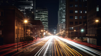 Fototapeta na wymiar A stunning photograph of light trails in an urban environment, capturing the rhythm and movement of the city. The trails should be white or light-colored, and the background should be a mix of build