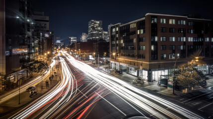 Fototapeta na wymiar A stunning photograph of light trails in an urban environment, capturing the rhythm and movement of the city. The trails should be white or light-colored, and the background should be a mix of build