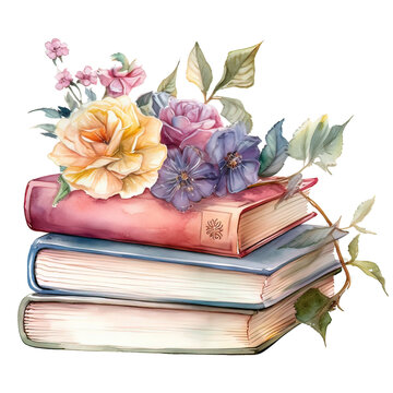 Beautiful vector image with nice watercolor hand drawn flowers and books