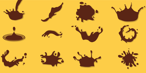 set of flat vector hot chocolate, cocoa or coffee, melted, splashes with drops, lumps, spots. Consuming liquid dessert, advertising product, splash design element for promo