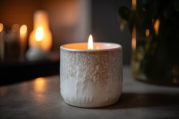 close-up of white candle with crackling flame, casting warm and inviting light, created with generative ai