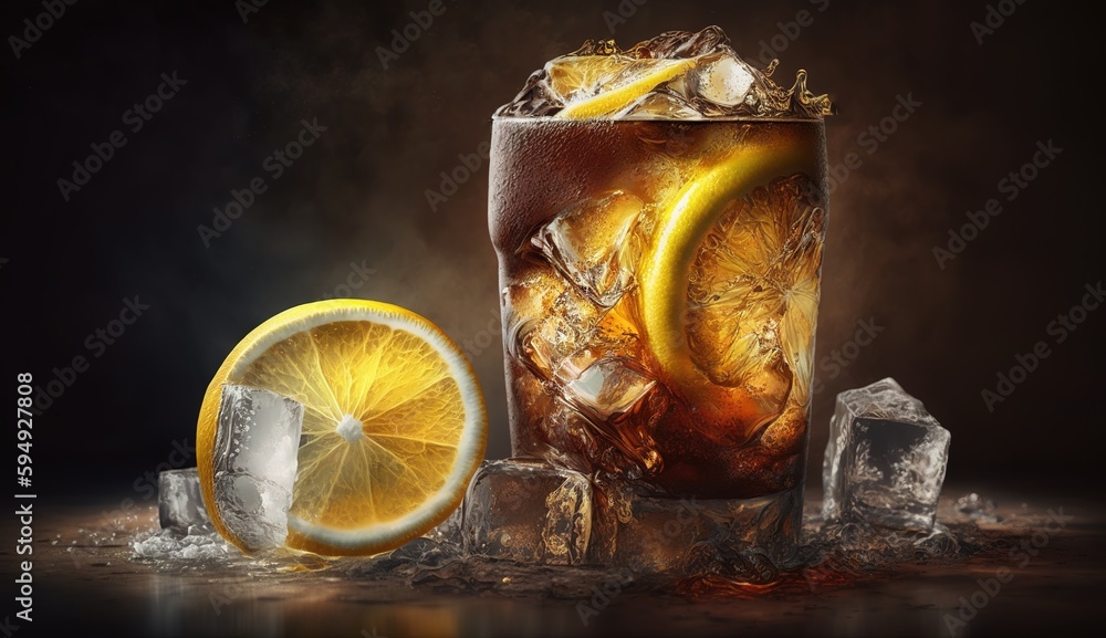 Aufkleber iced cola with a wedge of lemon and loads of ice. generative ai