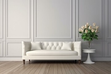 White Sofa and Flower Vase in Room with Wood Floor. Generative AI