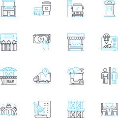 City edifice linear icons set. Skyscraper, High-rise, Tower, Monument, Cathedral, Capitol, Building line vector and concept signs. Infrastructure,Architecture,Edifice outline illustrations