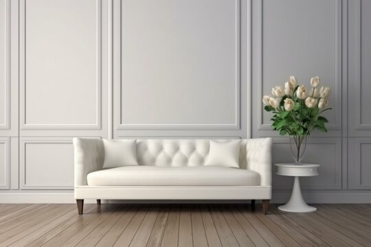White Sofa and Flower Vase in Room with Wood Floor. Generative AI © Sophia
