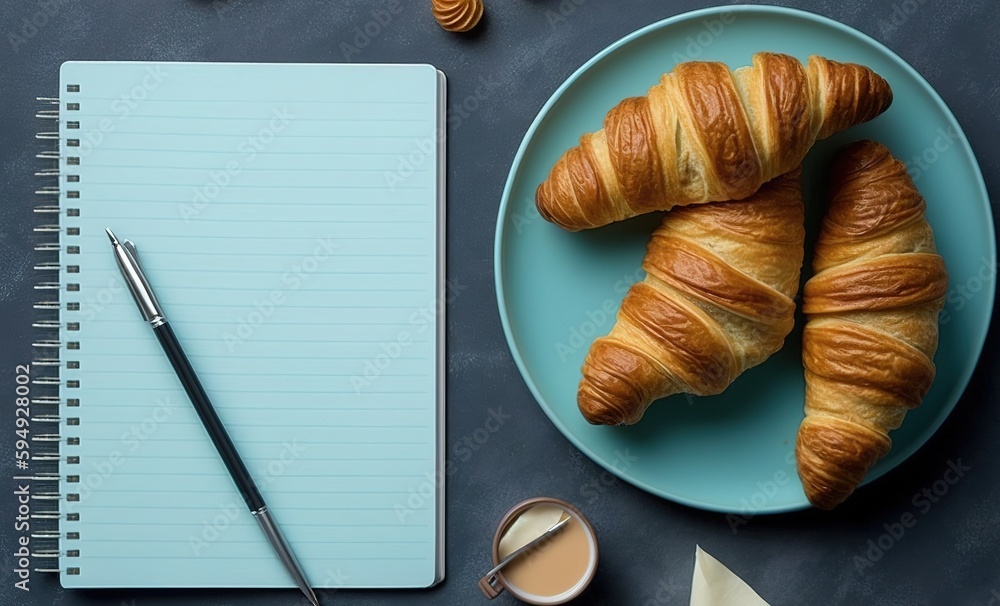 Poster flat lay of croissants and a spiral notepad. generative ai