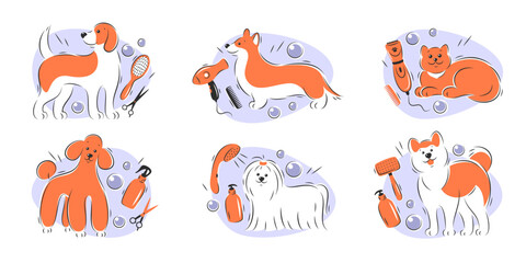Pet grooming salon icon set. Dog and cat beauty grooming salon, haircuts, bathing, care hair of pet. Vector illustration.