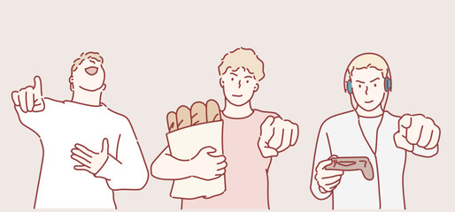 Man points a finger. Hand drawn style vector design illustrations.