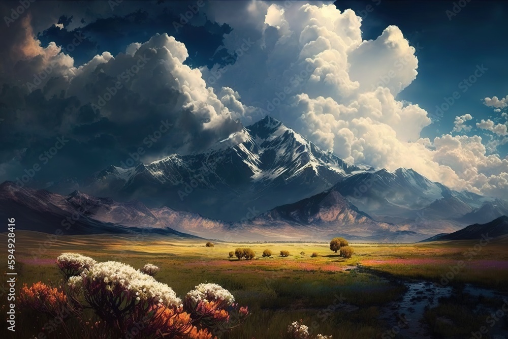 Poster scenery with cold clouds and mountains and a picturesque field generative ai