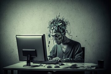 depiction of psychological disorder called workaholism in form of man at computer, created with generative ai