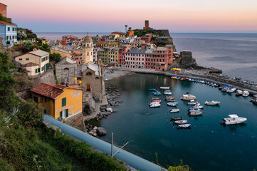 Fototapeta na wymiar Vernazza at blue hour, seaside town of Cinque Terre in La Spezia, Italy