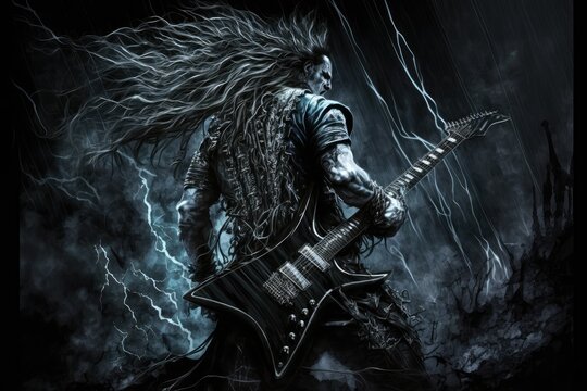 heavy metal guitarist, shredding on electric guitar, in dark and brooding setting, created with generative ai
