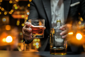 Bartender Serve Whiskey, on wood bar, 