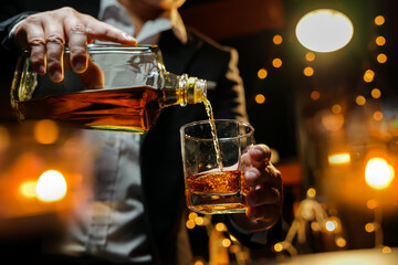 Bartender Serve Whiskey, on wood bar, 