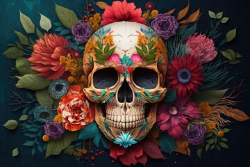 day of the dead skull, surrounded by colorful flowers and plants, created with generative ai