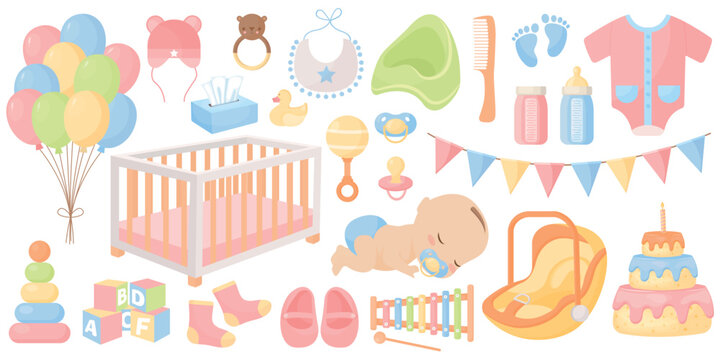 Vector cartoon images of objects for children. The concept of parenting and caring for the baby. Cute delicate elements for your design.