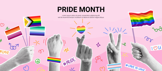 Pride Month collage concept. Vector illustration with halftone hands holding flags and shows different gestures. Collage with cut out paper elements for decoration of LGBT events. - obrazy, fototapety, plakaty